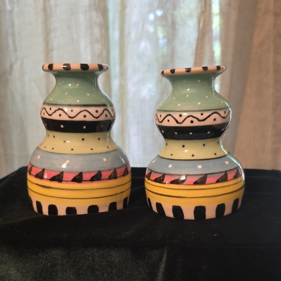 KMM Art Pottery Colorful Taper Candlestick Holders Signed Whimsical - Picture 1 of 7